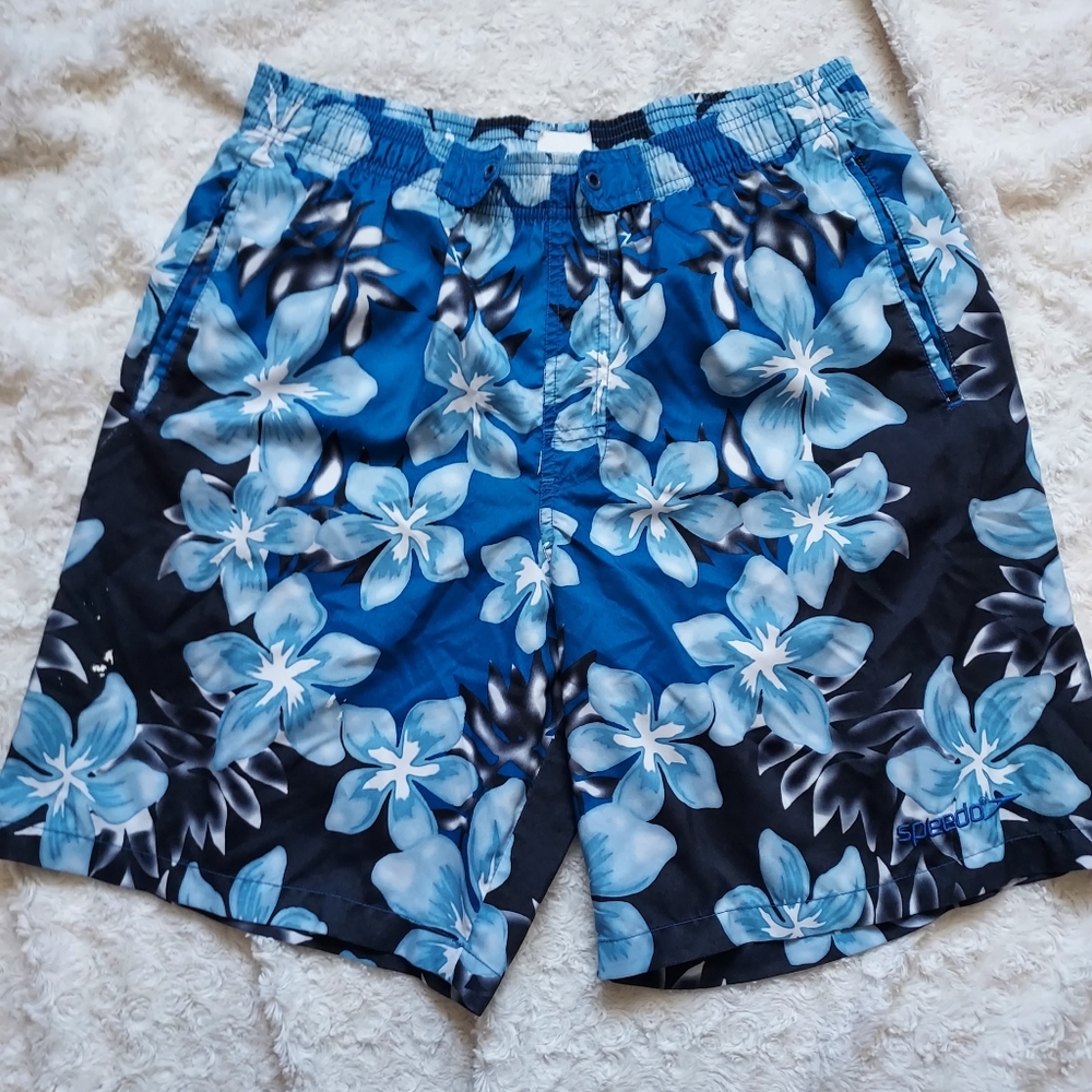Speedo Blue Swim Trunks Small Tropical Vacation Beach Hawaiian Resort Cruise